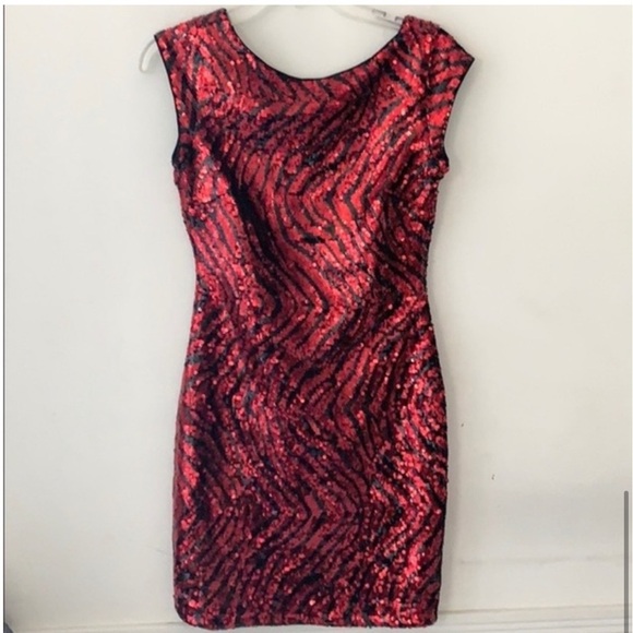 Guess Red/Black Zebra Sequin Cap Sleeve Mini Dress NWT Sz 2 - Picture 6 of 11